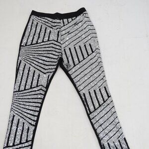 Metallic Silver Wide Leg Pants Crinkled Elastic Waist High Waisted